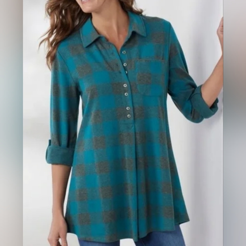 SOFT SURROUNDINGS | Teal and Gray Checkered Button-Down‎ Tunic Shift Dress | XS
